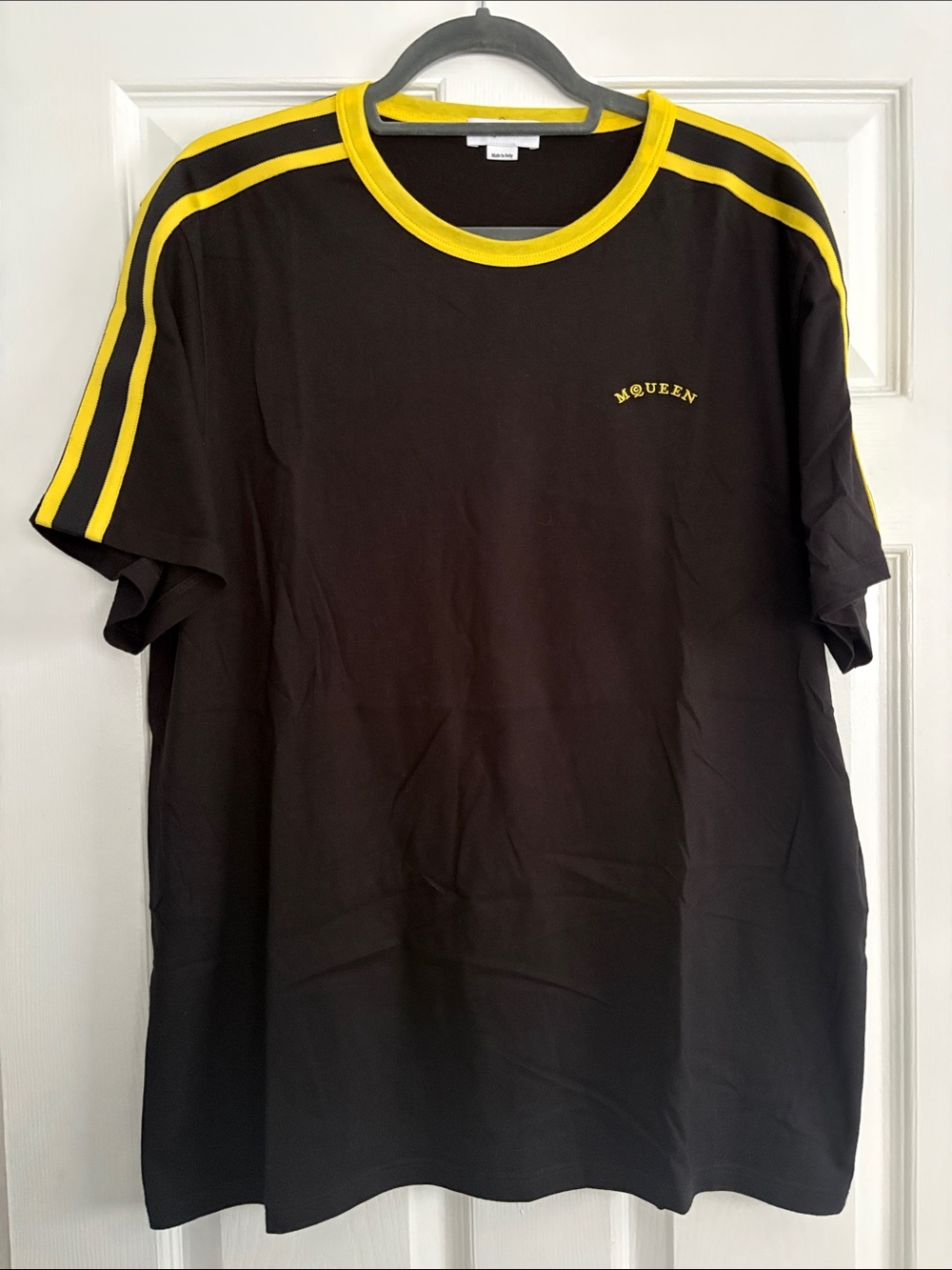 Alexander McQueen Black Tee with Yellow Trim and Shoulder Stripes
